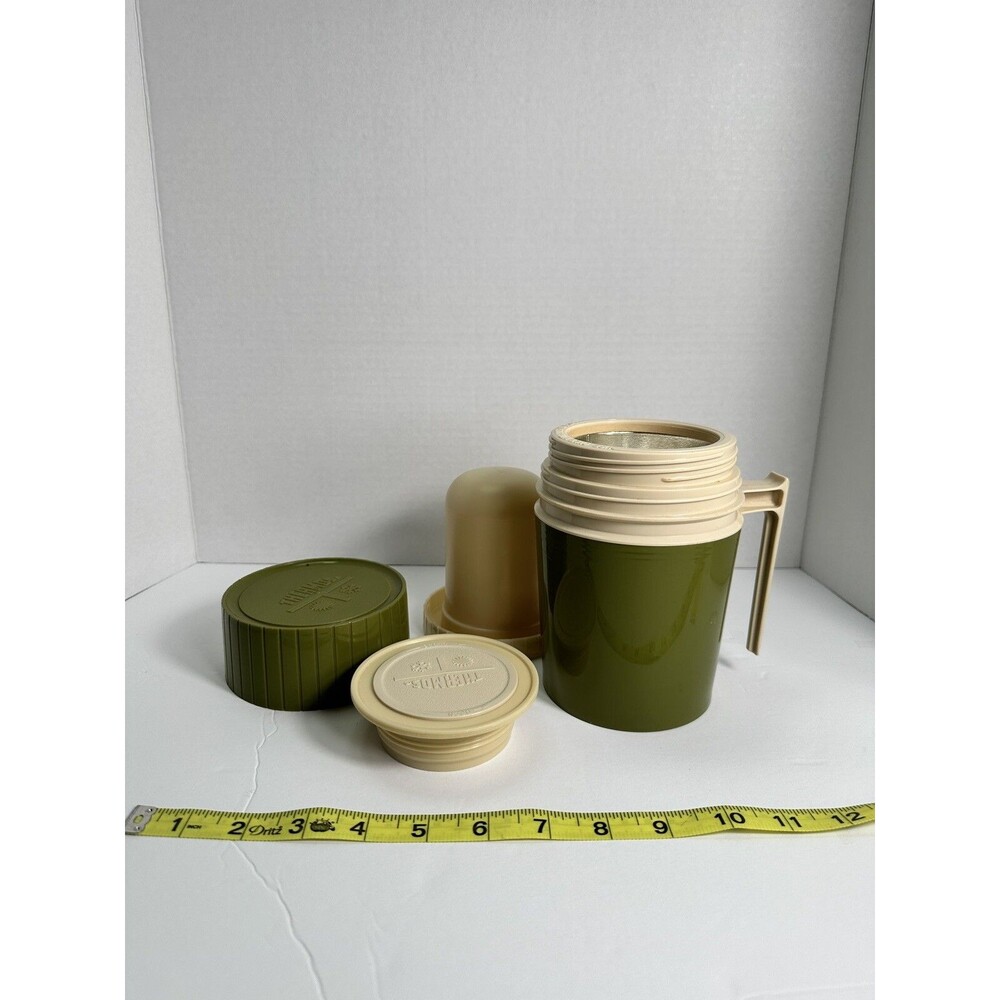 Vintage Thermos Orange Model 7002 Hot/Cold Vacuum Jar Glass Lined 10 oz Green